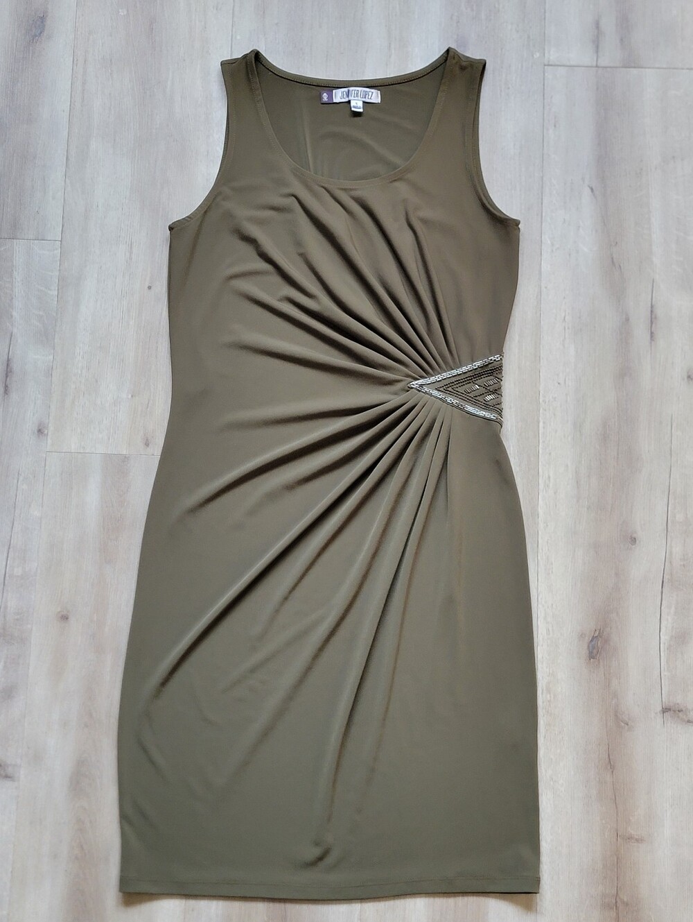 JENNIFER LOPEZ Olive Khaki Ruched Dress with Beaded Waist Detail